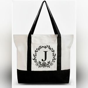 Monogrammed Embroidered Canvas Tote Bag Zipper Pocket Personalized Gift Letter J